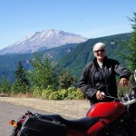 motorcycle woman at Windy Ridge and Mount St Helens