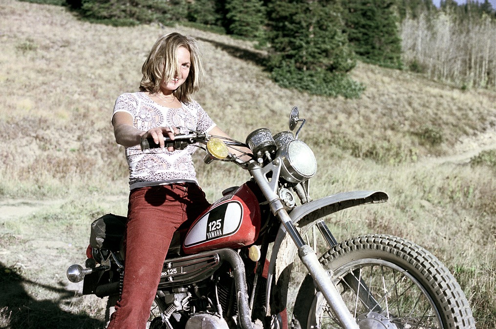 Girl on a DT125 enduro, ca. 1975-1977 in Aspen