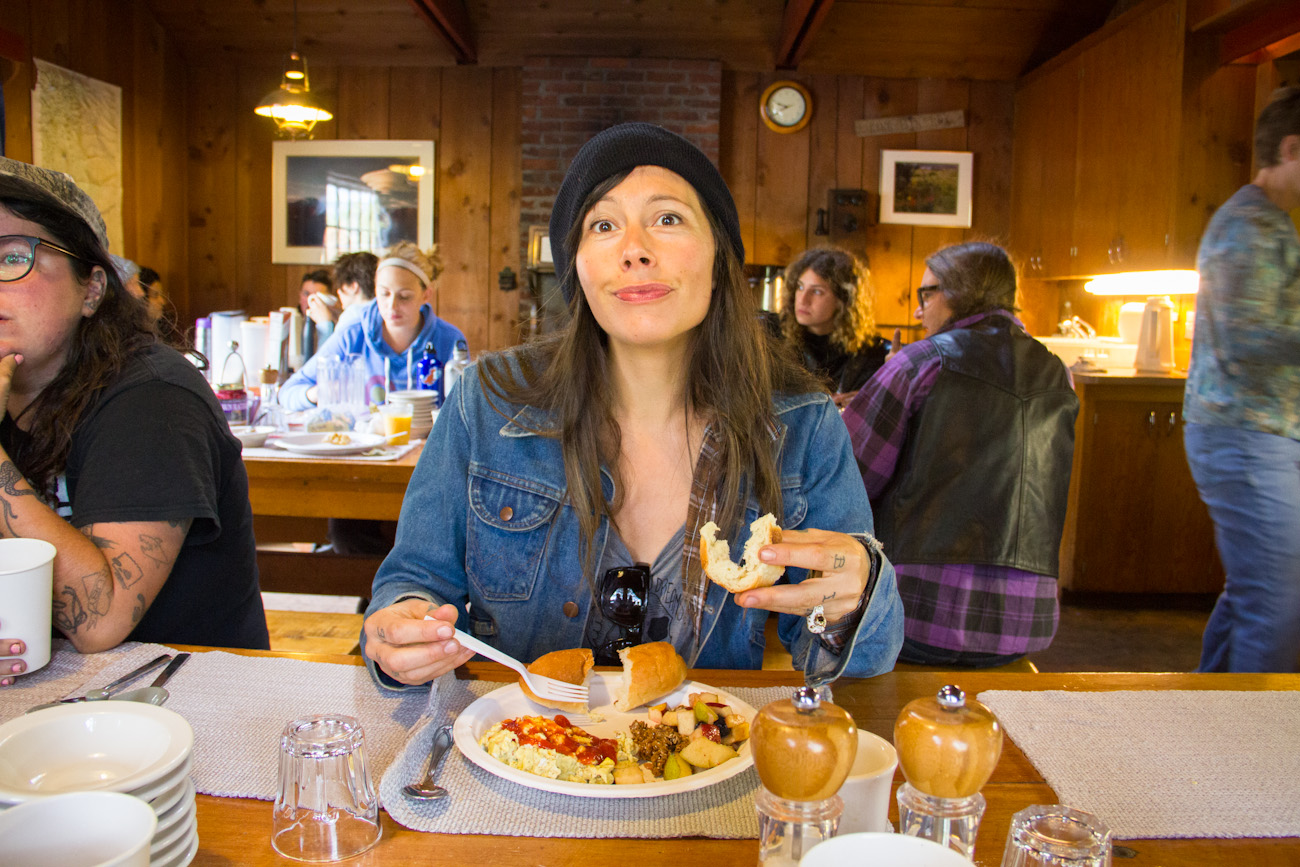 Jolene enjoys the Mt Adams Lodge buffet breakfast